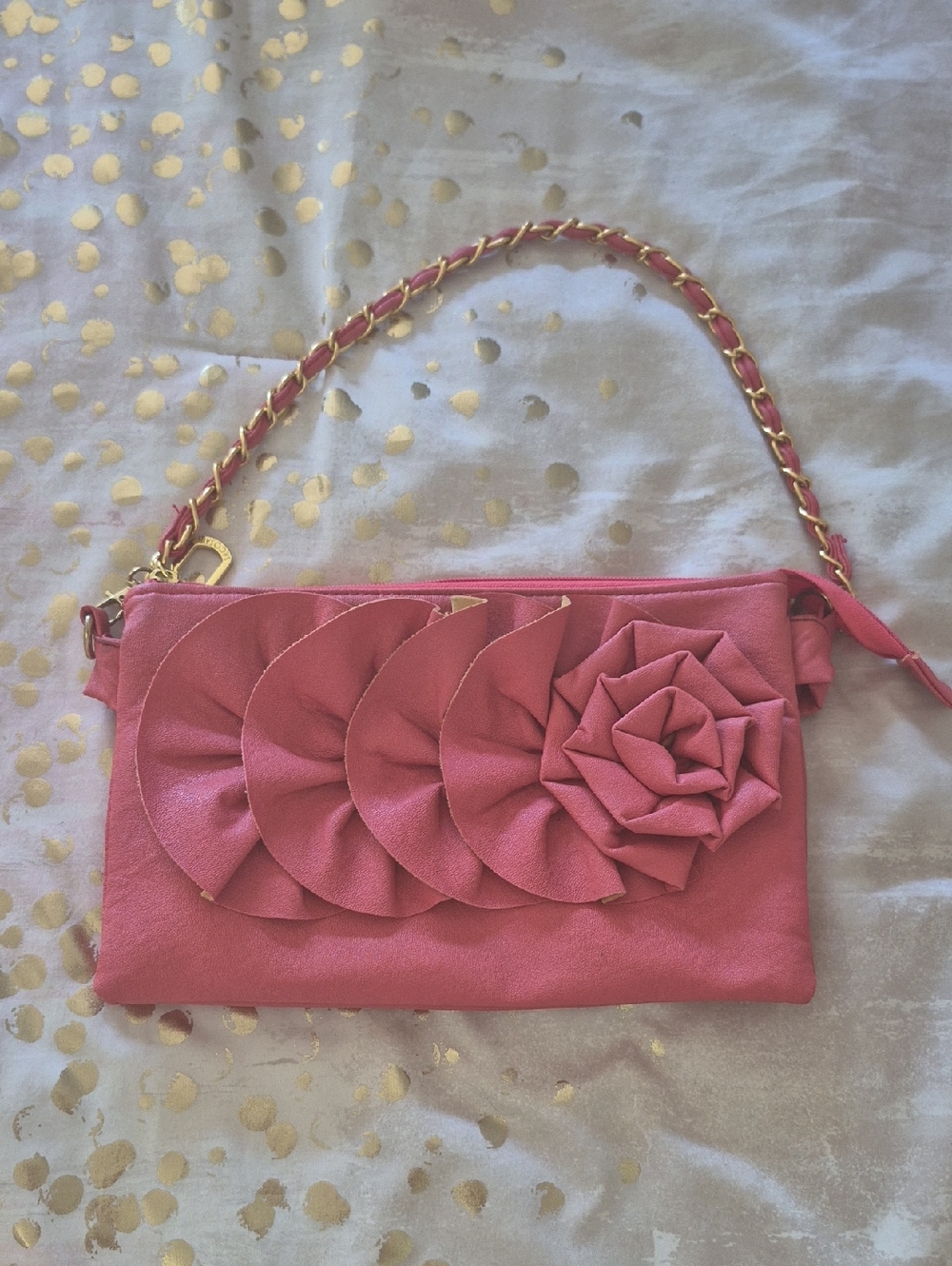 Pink Floral Applique Chain-Handle Clutch